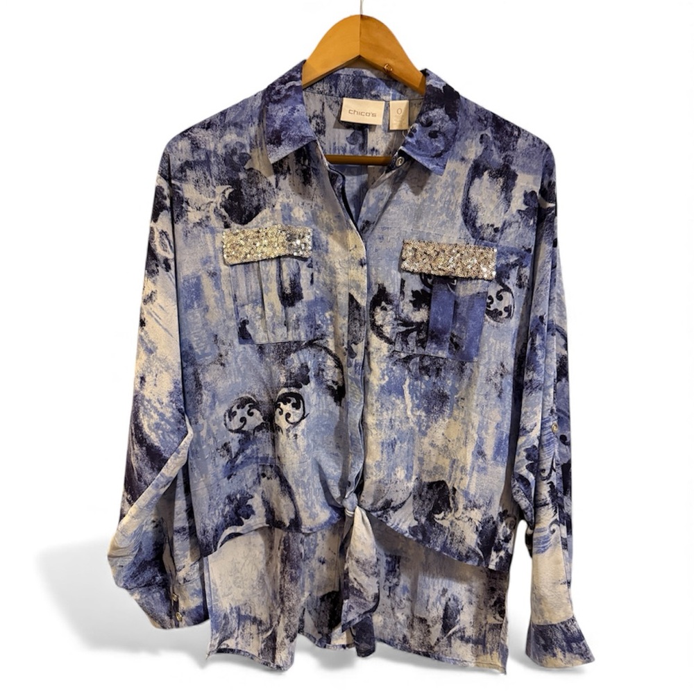 Chico's Shadow Scrolls Emily Blue and White Shirt Size 0 NWT